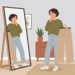 거울 앞에서 와이드 슬랙스를 들고 고민하는 20대 여성