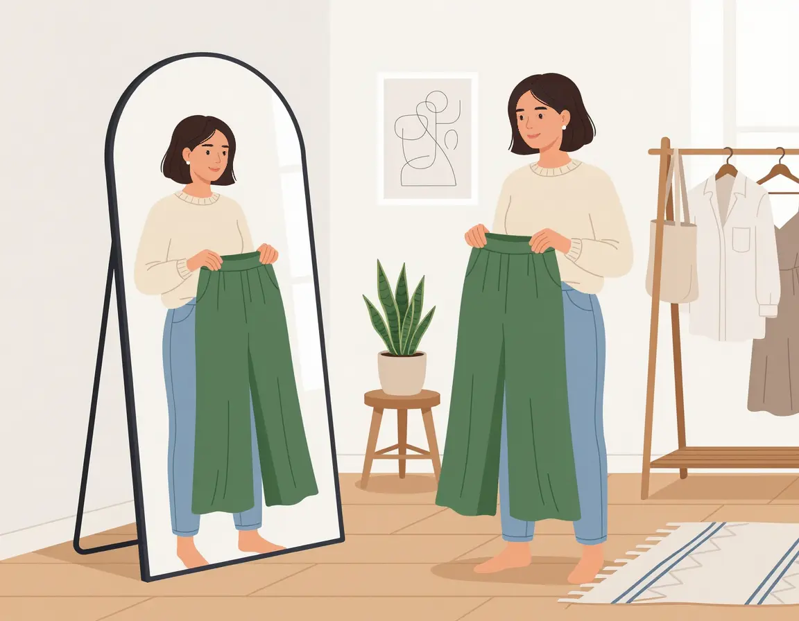 거울 앞에서 와이드 팬츠를 대보고 있는 20대 여성 일러스트