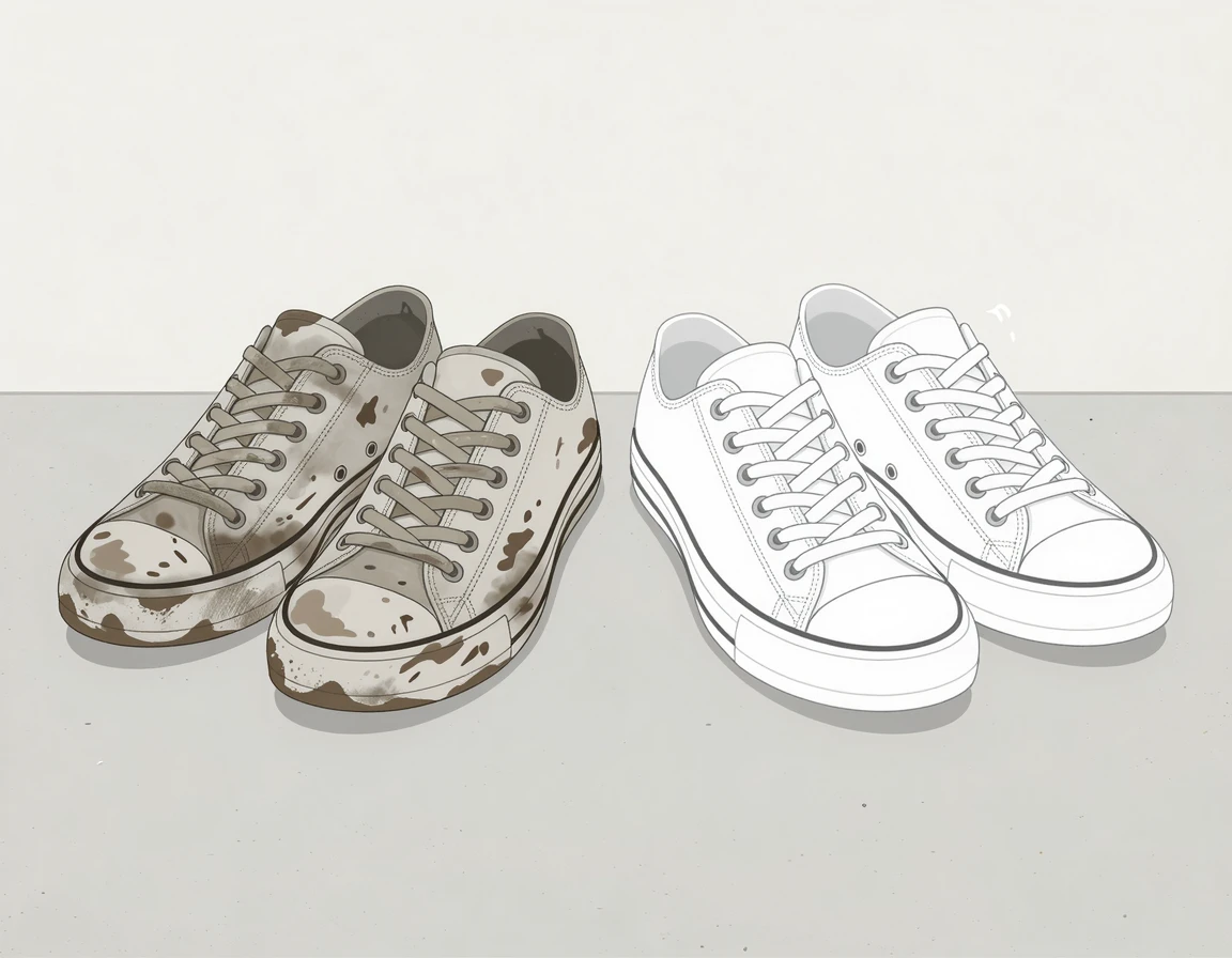 더러운 흰 운동화와 깨끗한 흰 운동화 비교