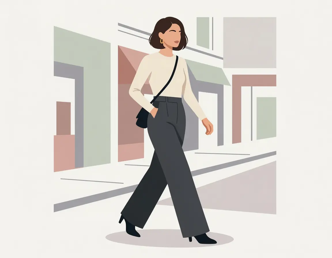 차콜 컬러의 하이웨이스트 세미 와이드 슬랙스를 입은 여성