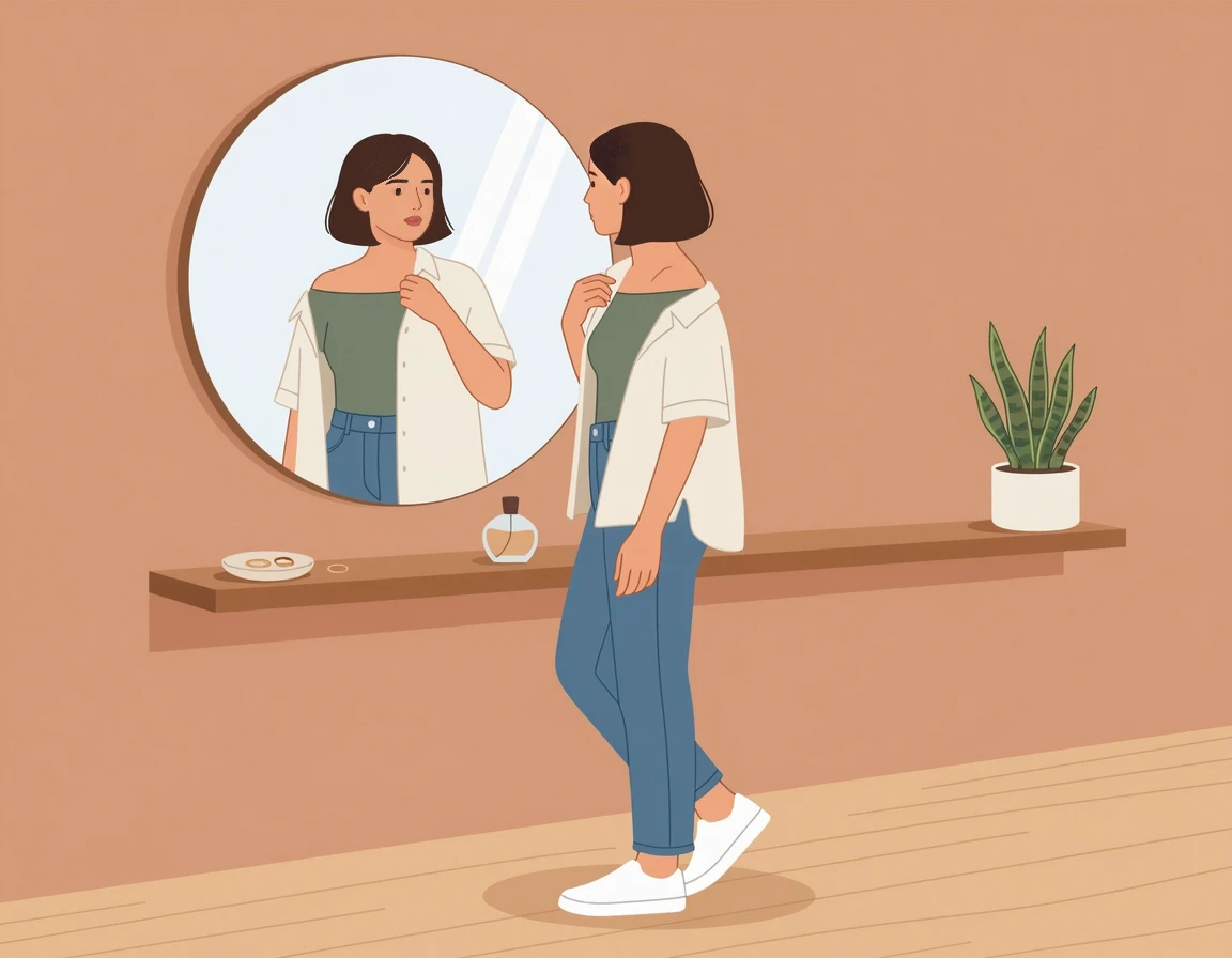 여름 얇은 셔츠와 오프숄더를 입고 거울을 보는 여성