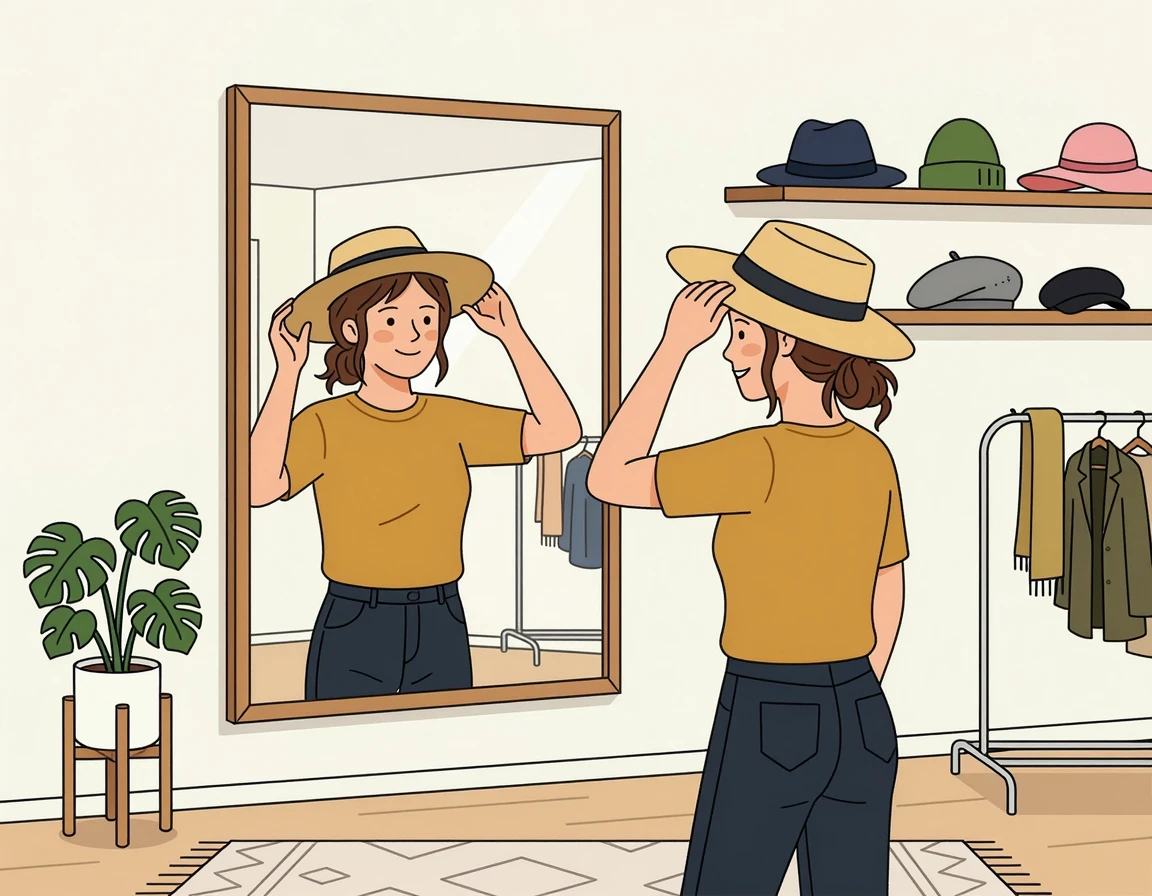 거울을 보며 모자를 써보는 여성 일러스트