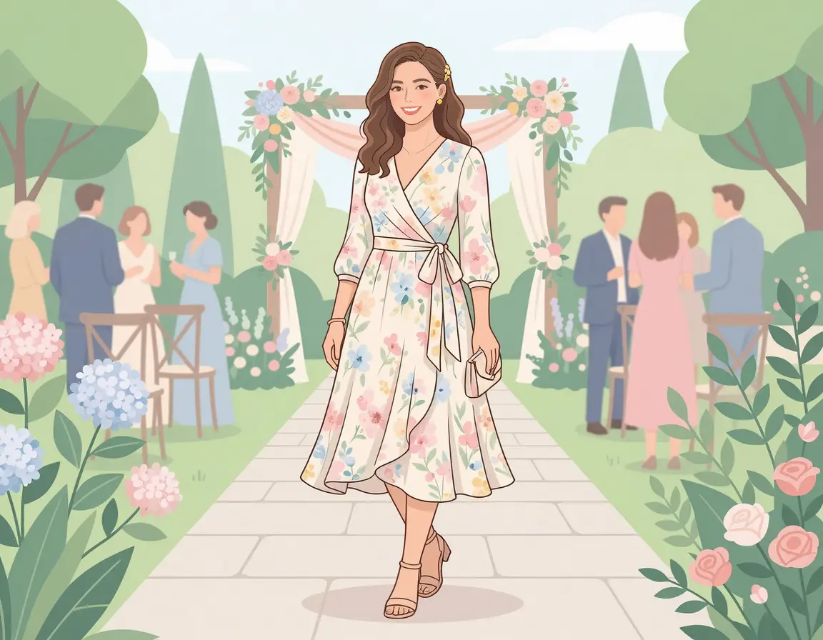 봄 결혼식 하객룩으로 추천하는 파스텔 톤 랩 원피스 일러스트