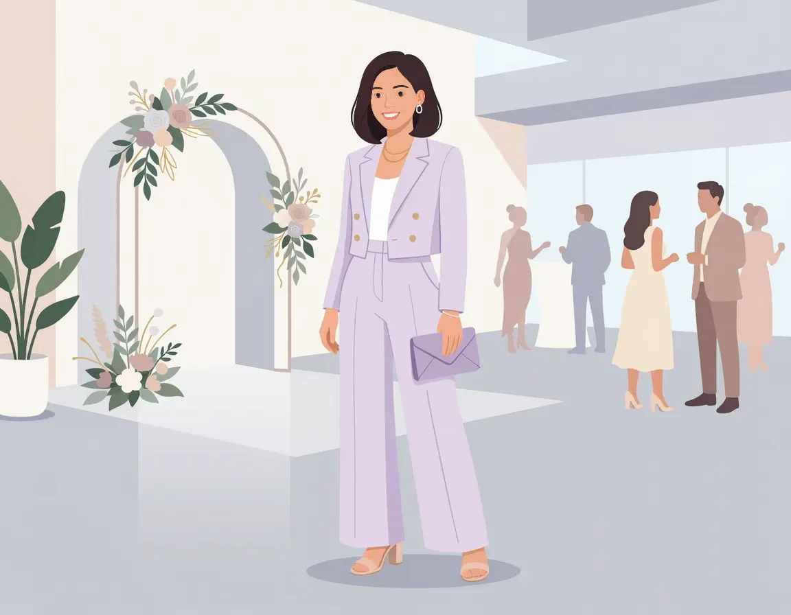 세련된 봄 하객룩으로 어울리는 투피스 슬랙스 코디 일러스트