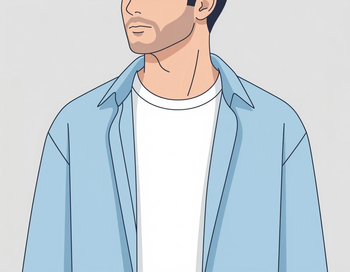 오버핏 셔츠 안에 도톰한 흰색 티셔츠를 레이어드한 모습