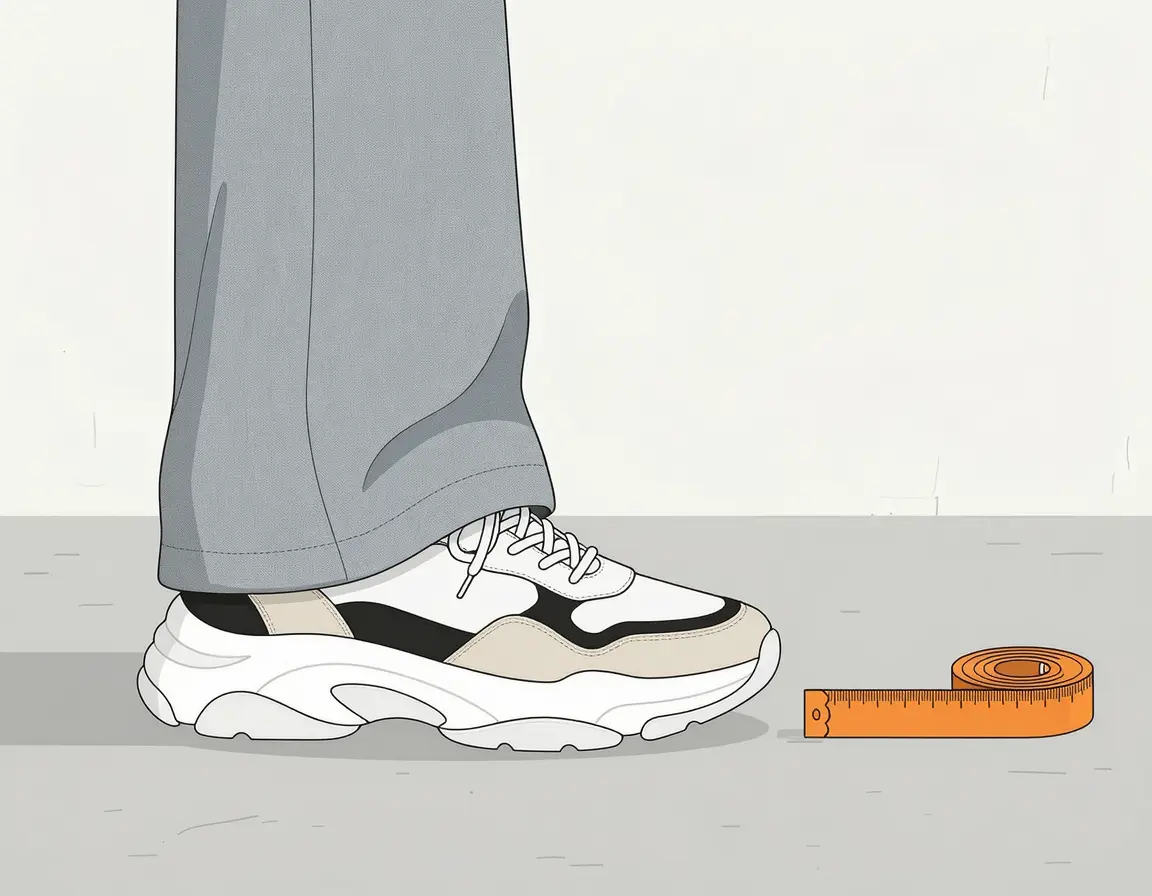 스니커즈 발등을 덮는 기장의 와이드 팬츠 밑단과 줄자