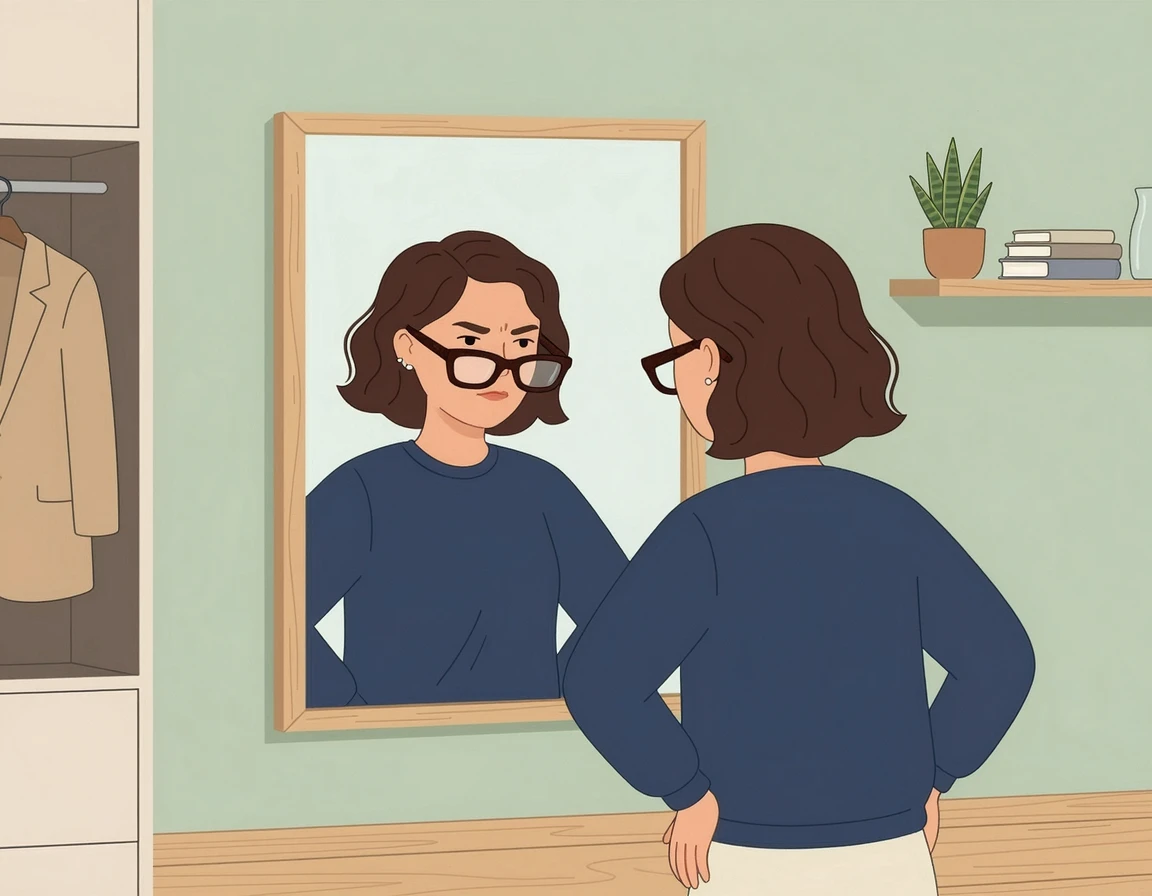 안경이 안 어울려 고민하는 여성 일러스트