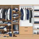 어수선한 옷장이 깔끔한 캡슐 옷장으로 변하는 일러스트