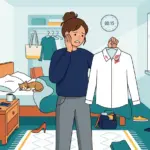 흰 셔츠 목에 파운데이션이 묻어 당황하는 여성 일러스트