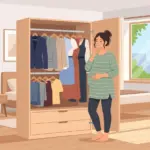 여름 아침 출근 준비를 하며 옷장을 바라보는 임산부 일러스트