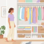 파스텔 컬러 옷장 앞에서 고민하는 여성 일러스트