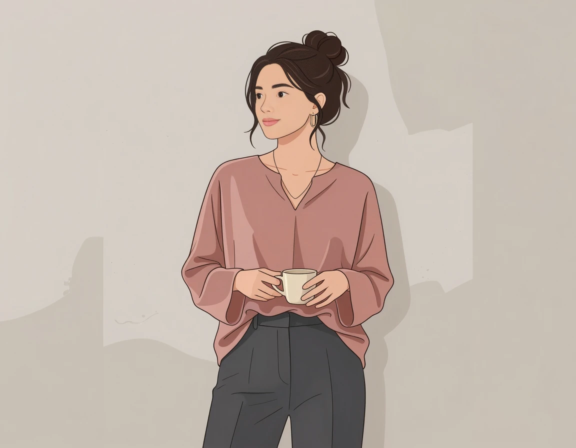 차르르 떨어지는 소재의 드롭 숄더 블라우스를 입은 여성 일러스트