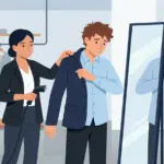 첫 정장 구매 시 사이즈 고민을 하는 남성과 도와주는 여성 일러스트