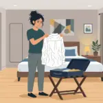 구겨진 린넨 셔츠를 보며 난감해하는 여성 일러스트