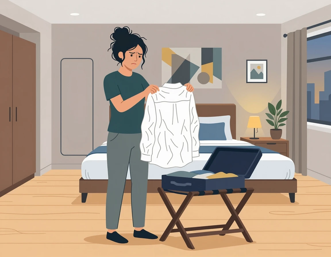 구겨진 린넨 셔츠를 보며 난감해하는 여성 일러스트