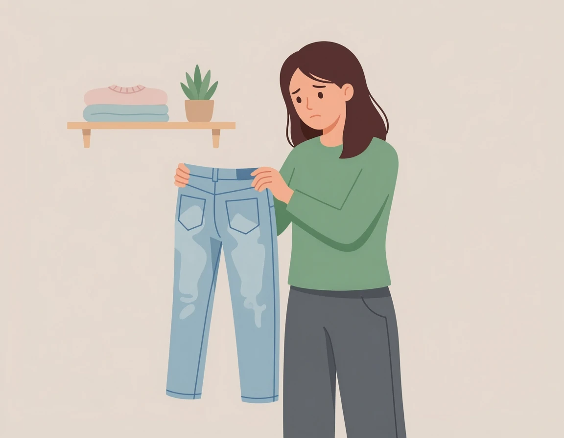 색이 바랜 청바지를 들고 속상해하는 여성 일러스트