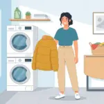 집에서 세탁할 준비를 하는 여성과 빵빵한 패딩 일러스트