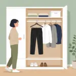 옷장 앞에서 검정 슬랙스를 고르는 여성 직장인 일러스트