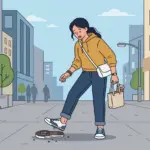 밑창이 떨어진 운동화를 보고 당황하는 여성 일러스트