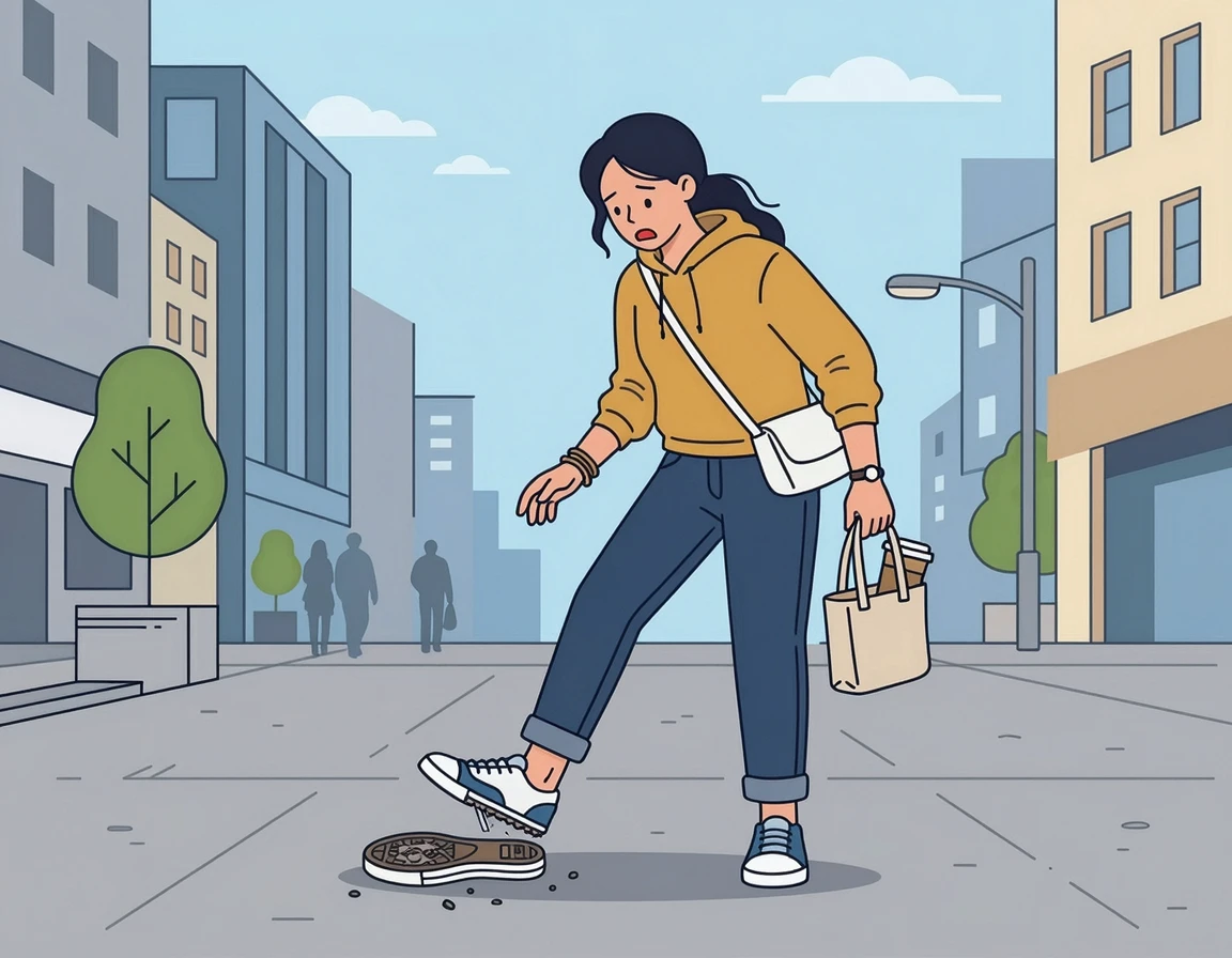 밑창이 떨어진 운동화를 보고 당황하는 여성 일러스트