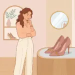 하이힐을 바라보며 고민하는 여성 일러스트