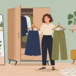 옷장 앞에서 치마와 바지를 들고 고민하는 20대 여성 일러스트
