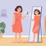 쇼핑몰 후기에 속아 실패한 옷을 보고 실망하는 여성 일러스트
