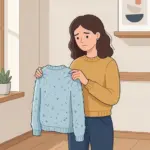 보풀이 일어난 니트를 보며 속상해하는 여성 일러스트