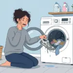 세탁기에서 망가진 흰 운동화를 꺼내며 놀라는 여성 일러스트