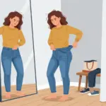 청바지 허벅지 사이즈가 맞지 않아 고민하는 여성 일러스트