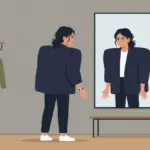 어깨가 너무 넓은 재킷을 입고 거울을 보며 고민하는 여성 일러스트