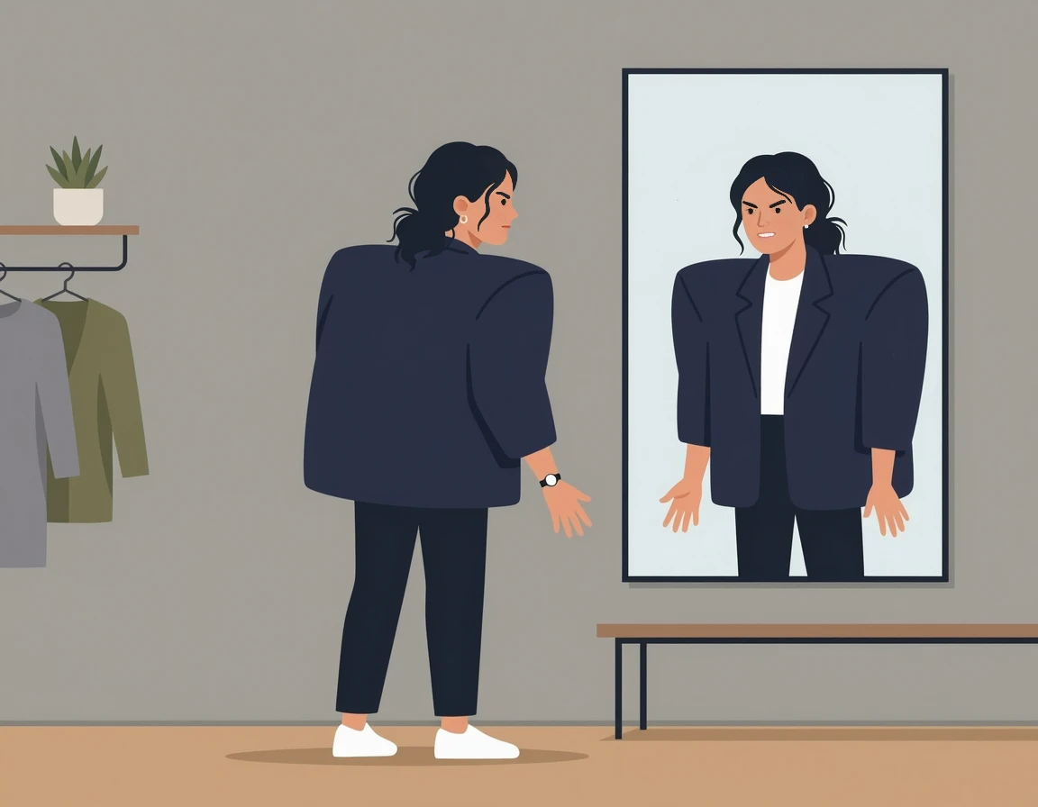 어깨가 너무 넓은 재킷을 입고 거울을 보며 고민하는 여성 일러스트