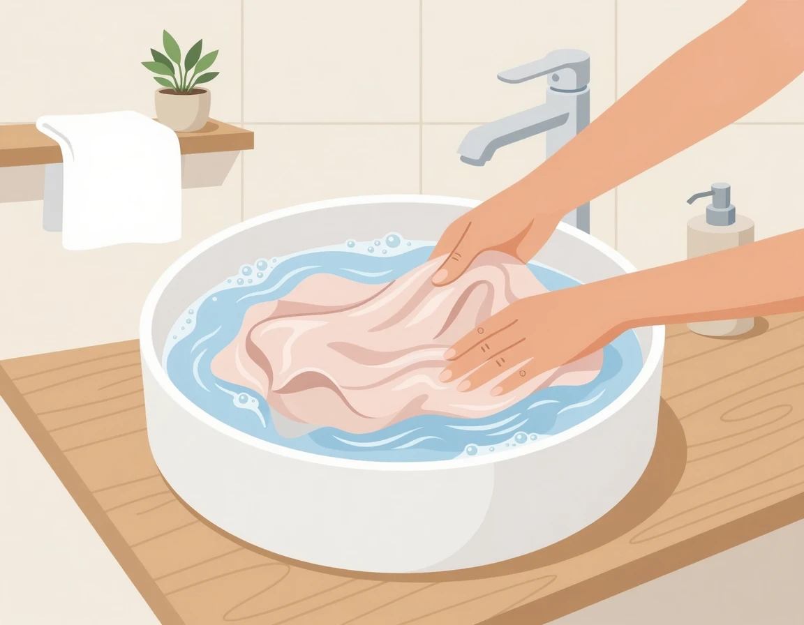 대야에 담긴 실크 블라우스를 손으로 가볍게 누르며 세탁하는 모습