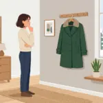 새 코트를 보며 관리 방법을 고민하는 여성 일러스트