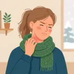 겨울 머플러를 착용하고 목이 따가워 만지는 여성 일러스트
