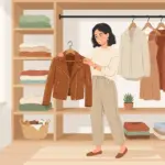새 가죽 재킷을 들고 있는 여성 일러스트