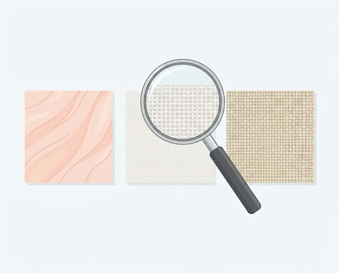쉬폰, 코튼, 린넨 소재의 질감을 비교하는 돋보기 일러스트