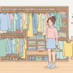 꽉 찬 옷장 앞에서 입을 옷이 없어 고민하는 여성 일러스트