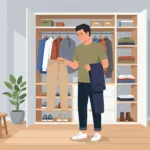 옷장 앞에서 바지를 고르며 고민하는 남성 일러스트