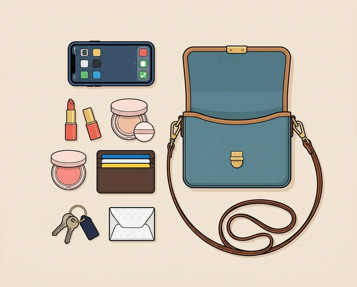 소형 크로스바디백과 필수 소지품 수납 일러스트