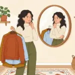 거울 앞에서 레이어드 코디를 고민하는 여성 일러스트