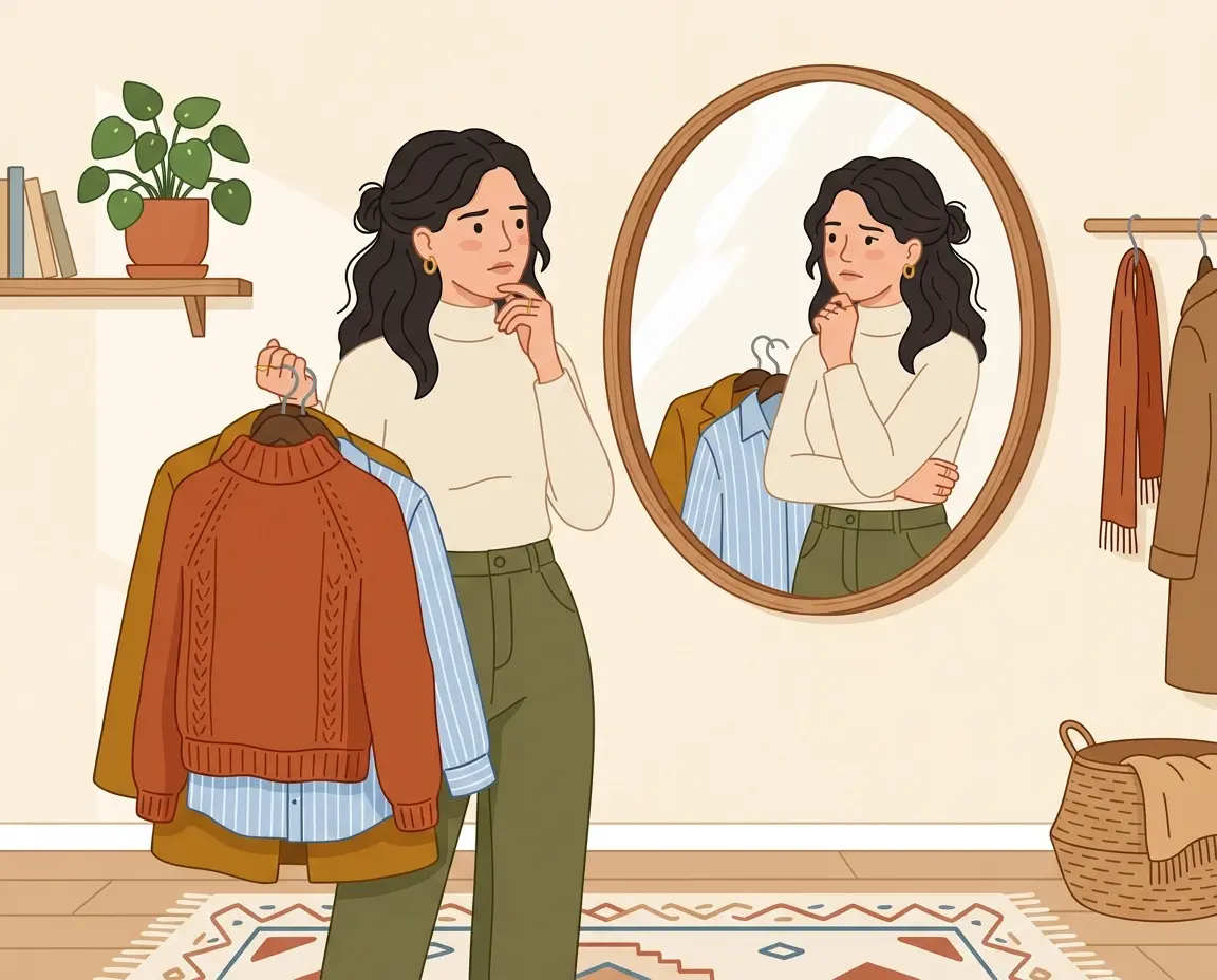 거울 앞에서 레이어드 코디를 고민하는 여성 일러스트