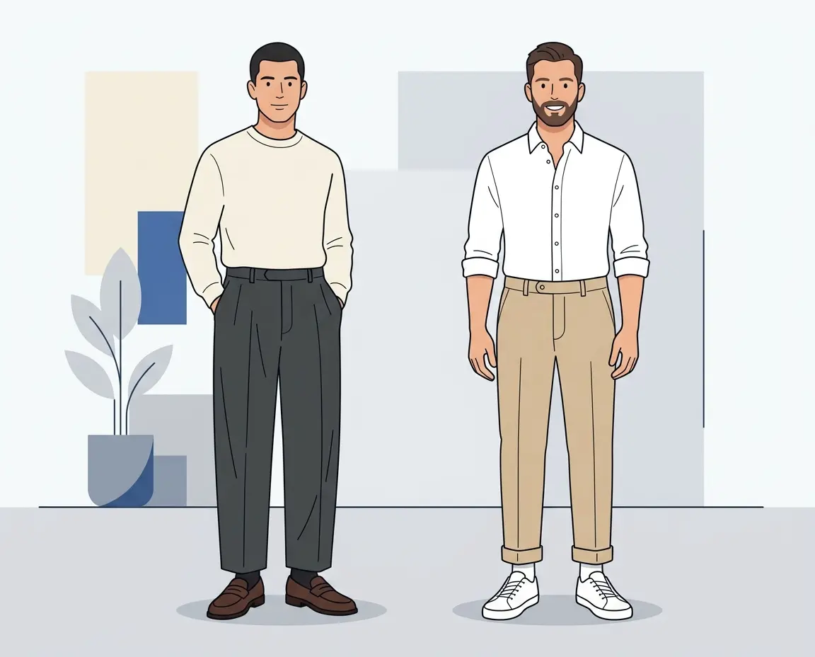 슬랙스의 떨어지는 핏과 치노 팬츠의 탄탄한 스트레이트 핏을 비교하는 남성 일러스트