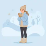 추운 겨울 손에 입김을 부는 여성 일러스트