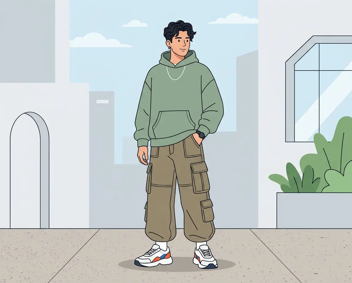 어깨선이 드롭된 트렌디한 오버핏 후드티를 입은 남성 실루엣