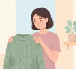 보풀이 일어난 스웨터를 보며 속상해하는 20대 여성 일러스트