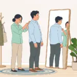 배가 나온 남성의 셔츠 핏을 거울 앞에서 확인하는 모습 일러스트