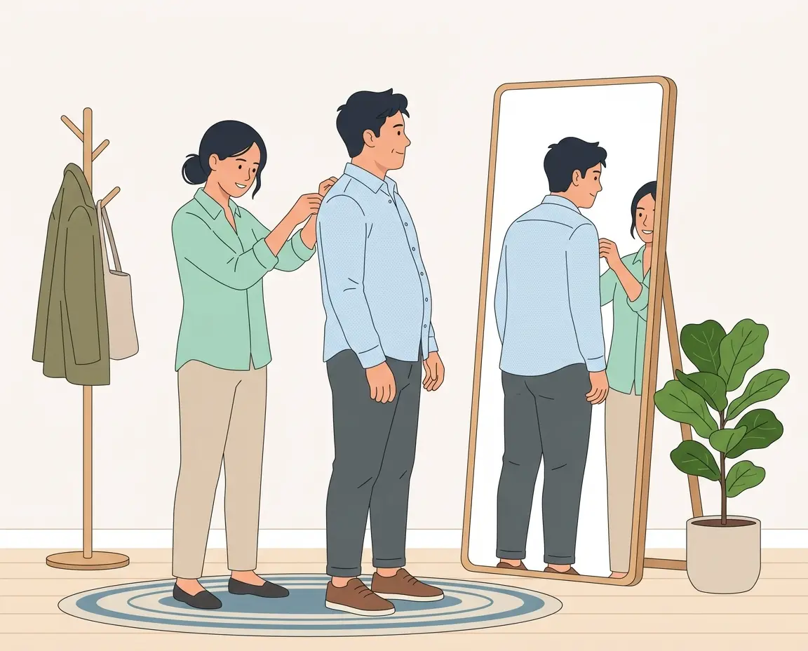 배가 나온 남성의 셔츠 핏을 거울 앞에서 확인하는 모습 일러스트