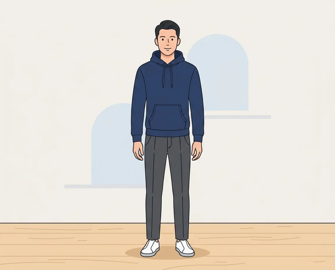 단정하고 깔끔한 레귤러핏 후드티를 입은 남성 실루엣