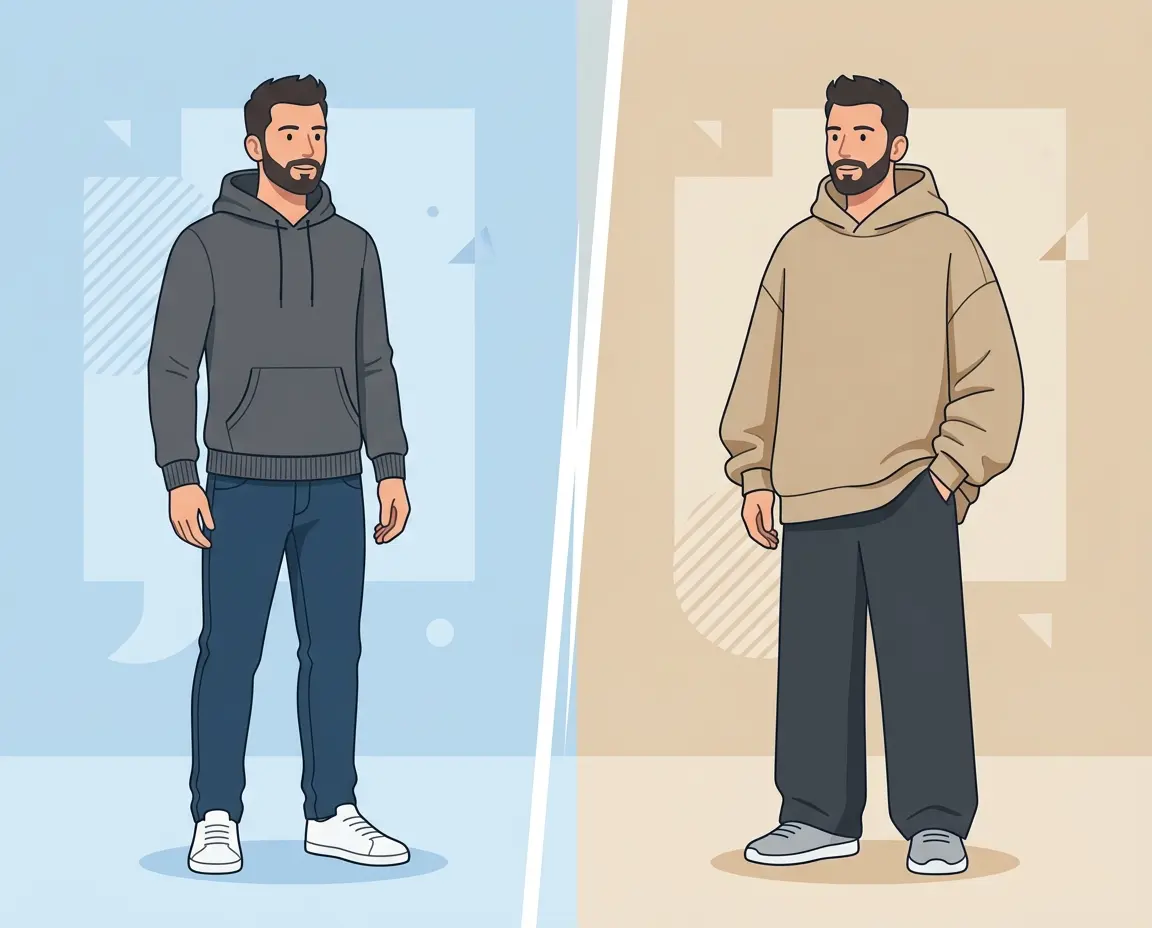 레귤러핏과 오버핏 후드티의 실루엣 차이를 한눈에 보여주는 비교 일러스트